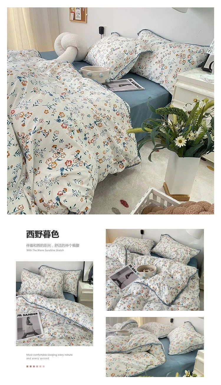 Bedding Set INS Girls Cherry Soft Washed Cotton Bed Sheet Queen King Size Duvet Set Comforter Set Pillowcase Bed Linens