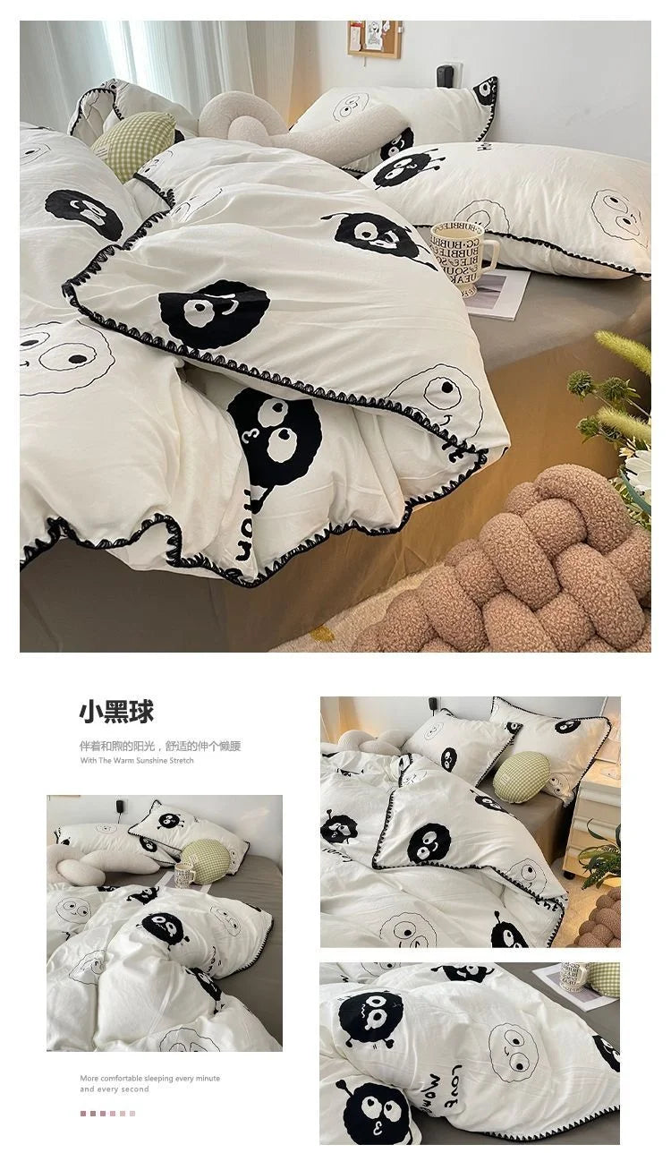 Bedding Set INS Girls Cherry Soft Washed Cotton Bed Sheet Queen King Size Duvet Set Comforter Set Pillowcase Bed Linens