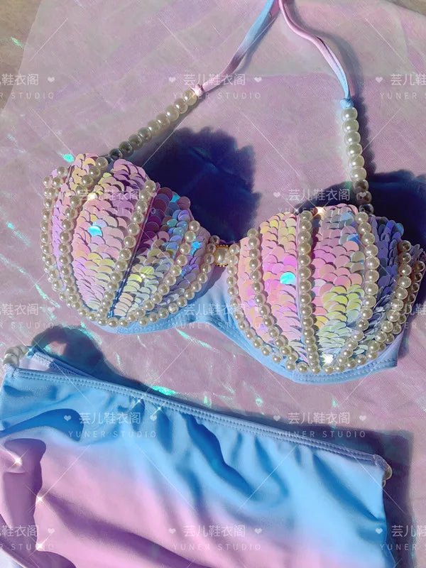New Thailand Shell Sequin Bikini Corset Mermaid Show Spa Vacation Split Swimsuit Gathered Sexy Corset Set