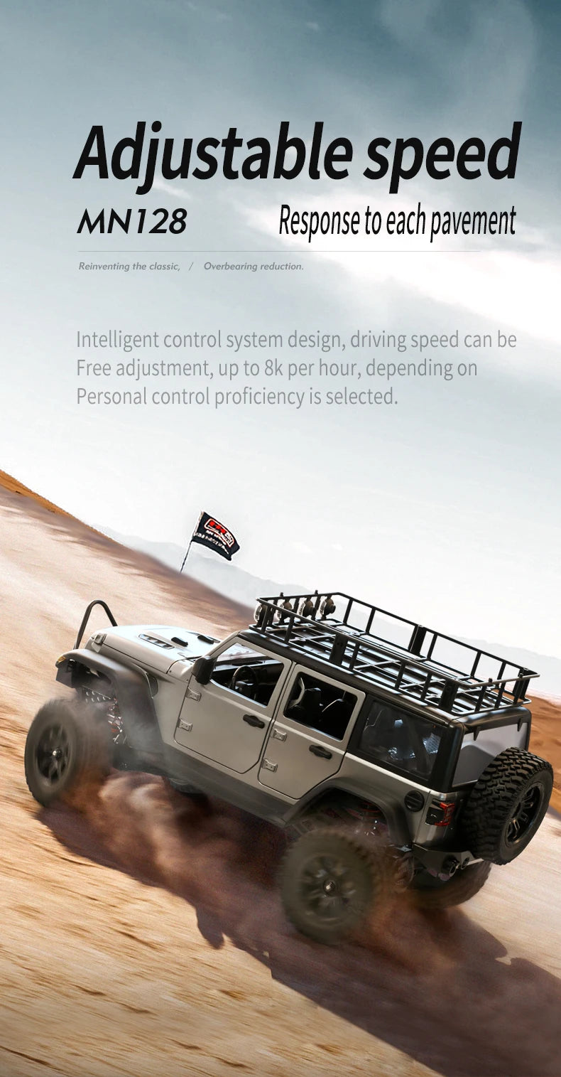 RC Crawler 4x4 Car MN128 2.4G Climbing Buggy Professional with LED Light Full Scale Remote Control Cars Toys for Boys Gift