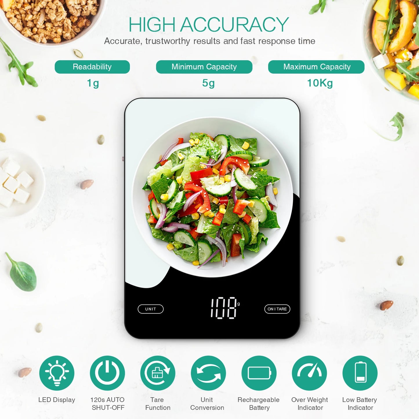 Digital Food Scale 10kg/1g Kitchen Scales with Nutrition Calculator APP Rechargeable Gram Scale for Weight Loss Baking Scale