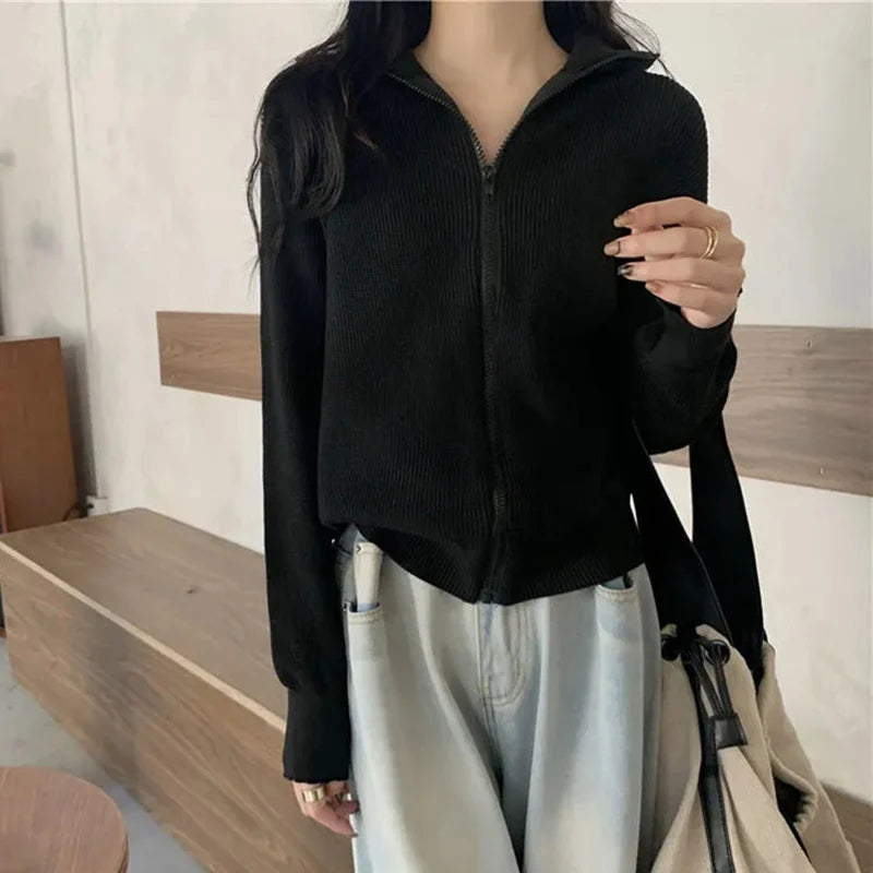 Korean Fashion Zipper Up Cardigan Women Autumn Winter Knitted Turtleneck Sweater Woman 2024 Solid Color Cropped Cardigans Female