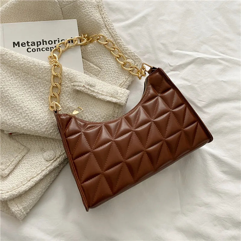Women's Diamond Pattern Shoulder Bag PU Leather Solid Color Niche Chain Handbag Fashion Females Underarm Shopping Bag