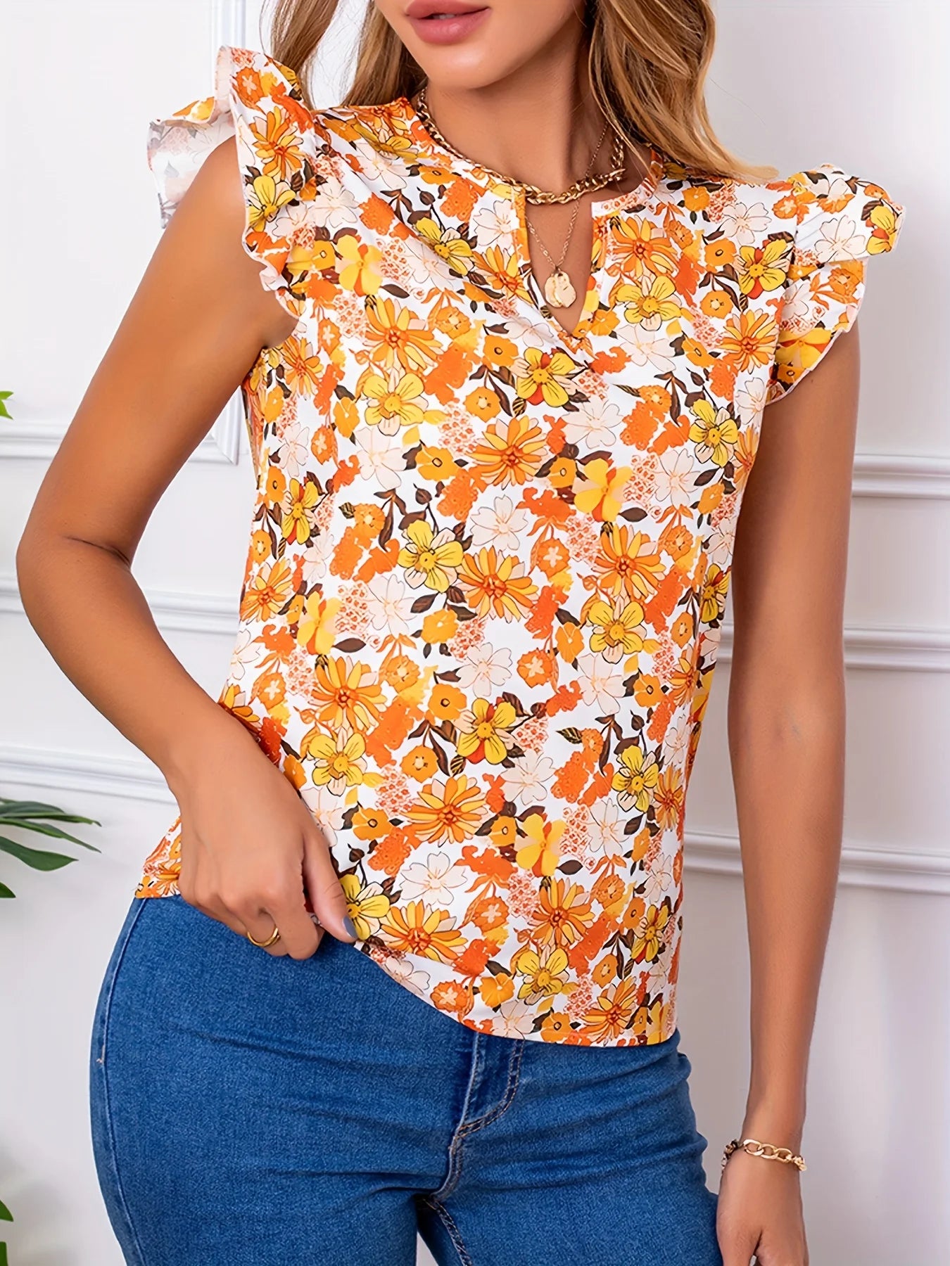 Romantic floral new shirt with cute floral print V-neck women's shirt