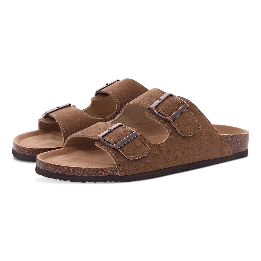 Kidmi Women Cork Suede Mules Slippers Outdoor Antiskid Beach Slippers Classic Cork Footbed Women Sandals With Adjustable Buckle