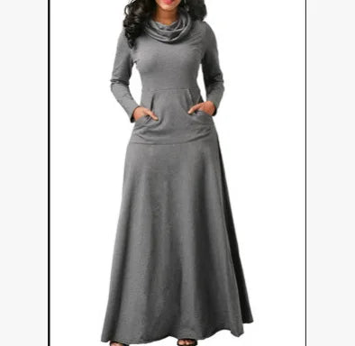 Autumn Winter Solid Color Splicing Pocket Neck Large Pendant Long Dress 2024 Casual Women's High Waist Long Sleeve Maxi Dresses