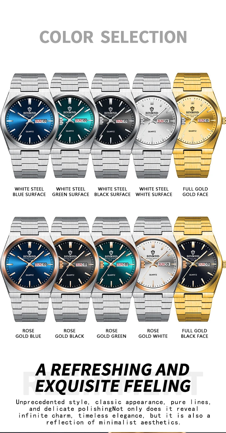BINBOND Fashion New Men Business Watch Leisure Quartz Stainless Steel Buckle Watches Waterproof Luminous Calendar Men's Watches