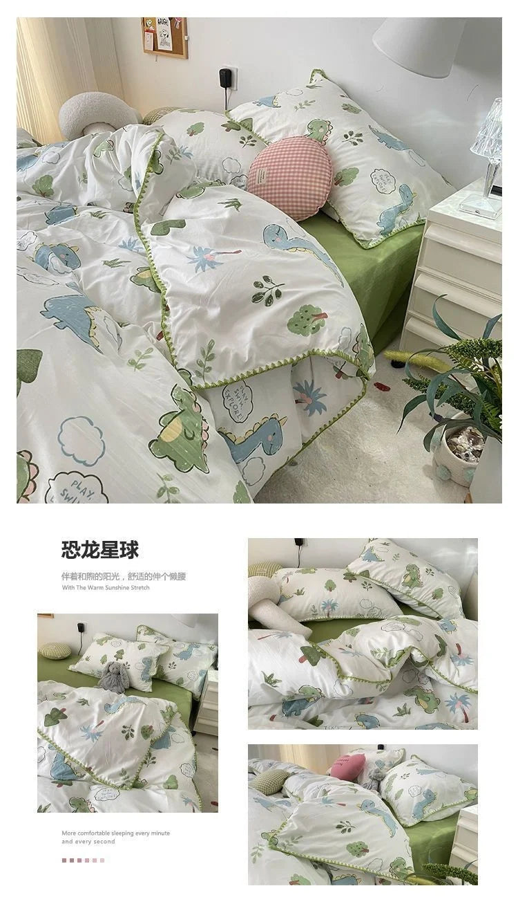 Bedding Set INS Girls Cherry Soft Washed Cotton Bed Sheet Queen King Size Duvet Set Comforter Set Pillowcase Bed Linens