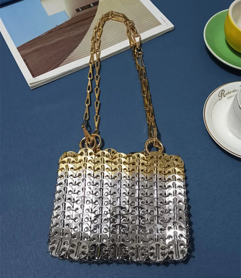 luxury Women Bags Designer Metal Sequins Chain Woven Bag Hollow Evening Bags Clutch Female Travel Holiday Shoulder Bag Handbag