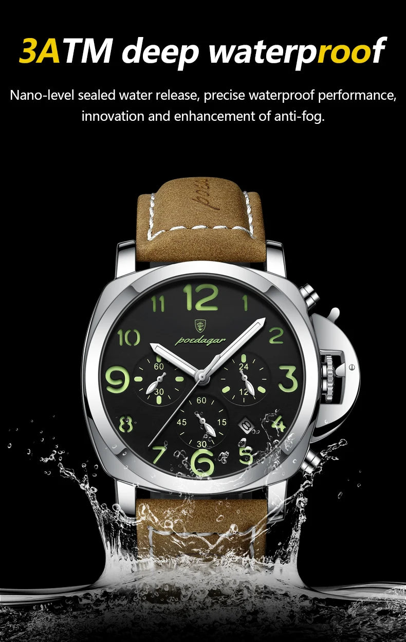 POEDAGAR Luxury Man Watch Chronograph Waterproof Luminous Date Watch for Men Casual Leather Sports Military Men's Quartz Watches