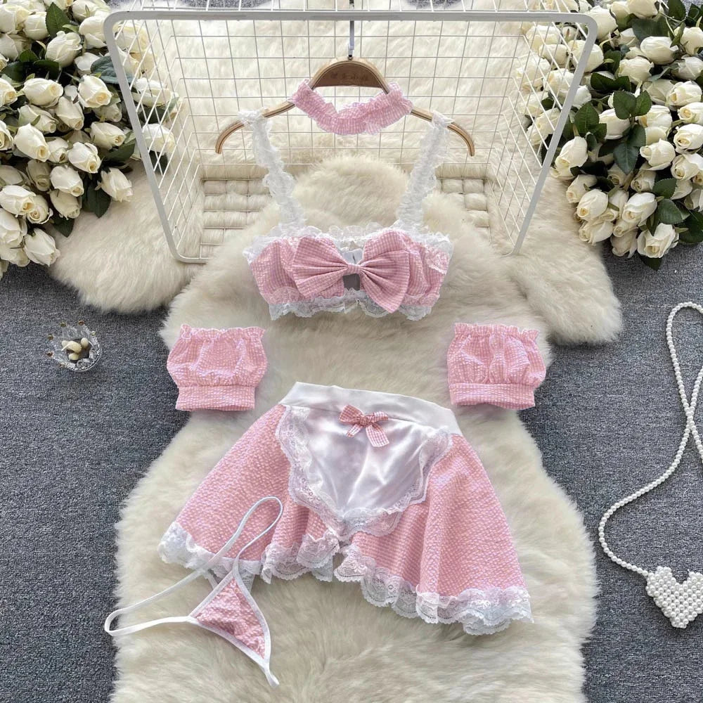 Girls Sexy Cute Japanese JK Uniform Mini Checkered Strap Skirt Off Shoulder High Waist Elastic Cosplay Dress Hot Sweet Pajama