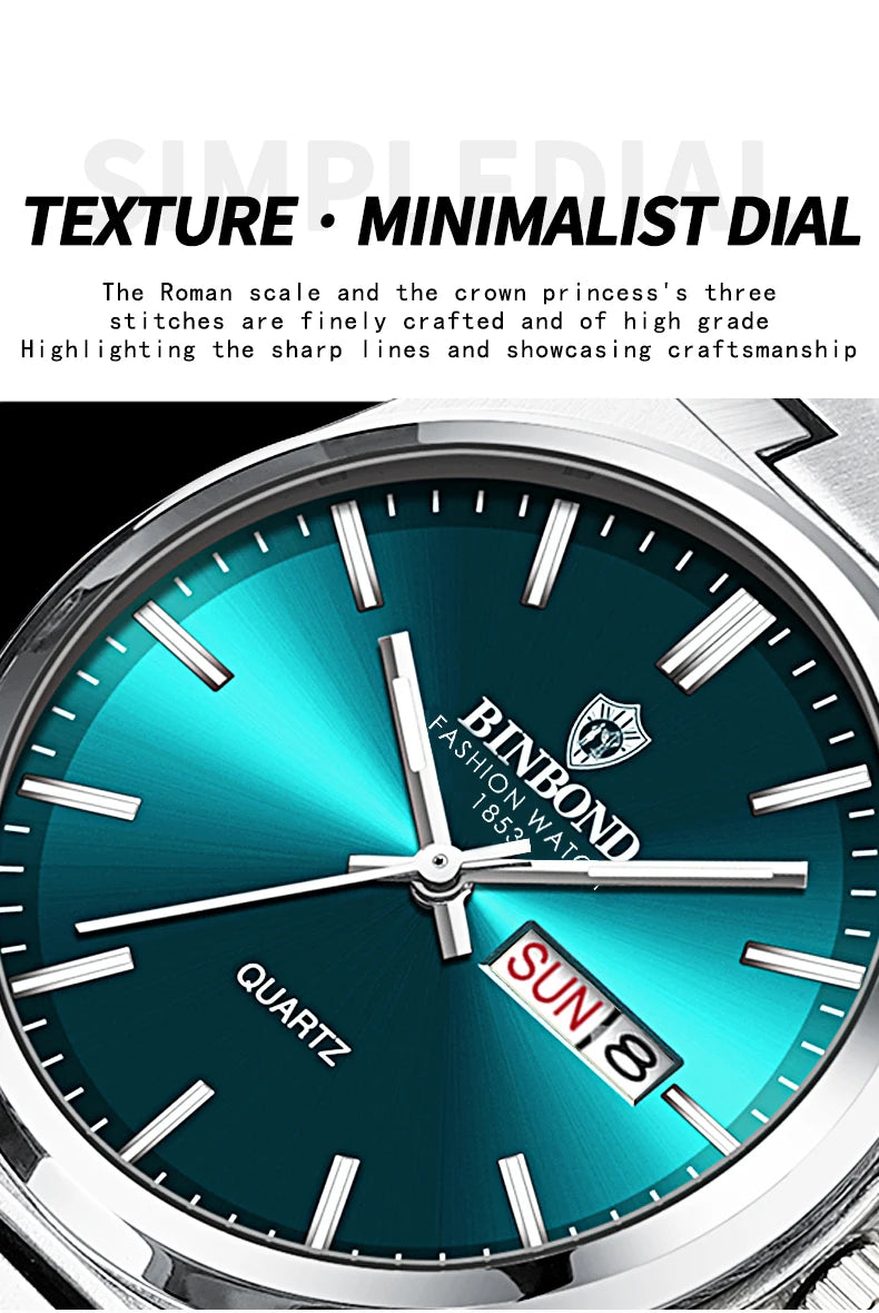 BINBOND Fashion New Men Business Watch Leisure Quartz Stainless Steel Buckle Watches Waterproof Luminous Calendar Men's Watches