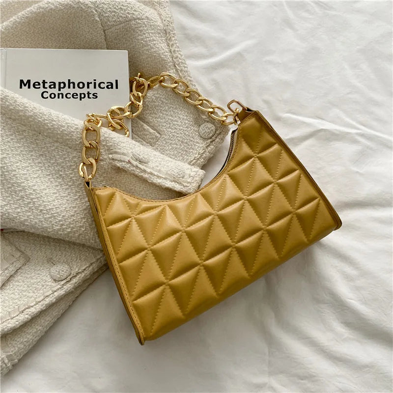 Women's Diamond Pattern Shoulder Bag PU Leather Solid Color Niche Chain Handbag Fashion Females Underarm Shopping Bag