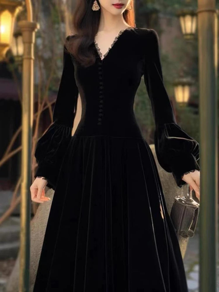 OCEANLOVE 2024 Spring Autumn Women Dresses Velvet Hepburn Style Solid Lantern Sleeve Vestidos Mujer French Vintage Long Dress