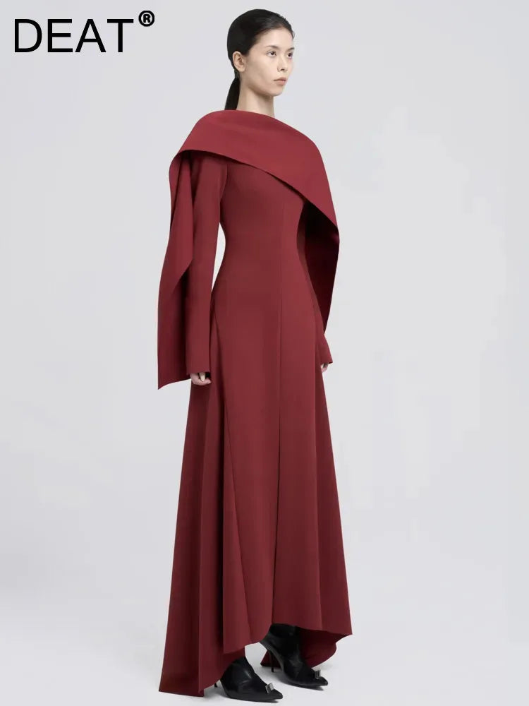 DEAT Elegant Dress Irregular Design Shawl Patchwork Long Sleeve Waist Backless Women's Evening Dresses 2024 Autumn New 13DL245