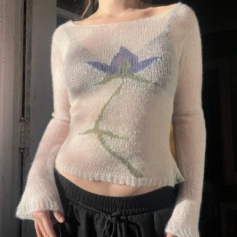 Flower Long Sleeve Knitted Crop Tops Aesthetic See Through Sweater Tees 90s Vintage Y2k Gyaru Crop Tops Jumpers Cottage Clothes