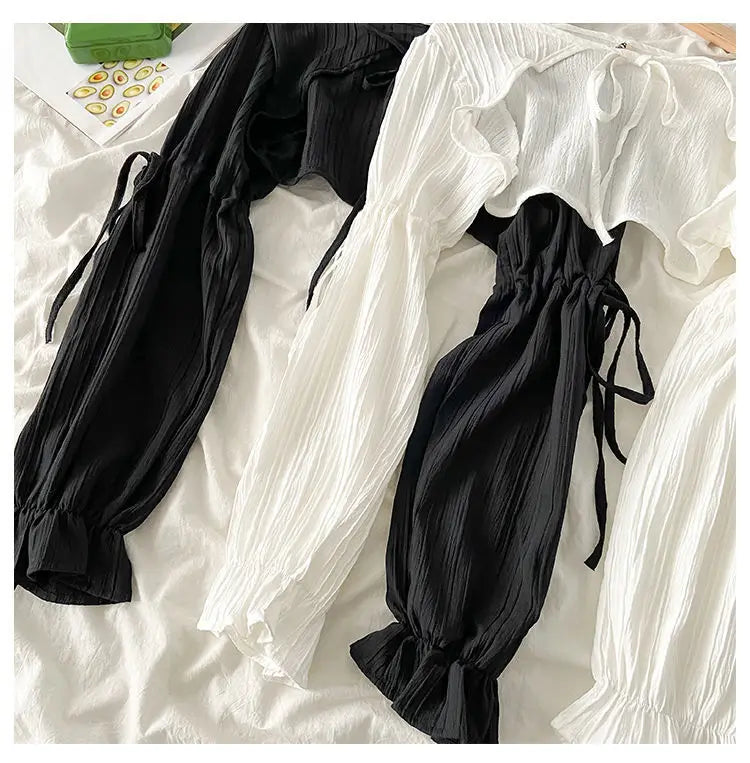 Summer Y2k Sun Protection Cardigan Women' Clothing Thin Crop Tops Bandage Long Sleeve Blouse Cape Femme Ruffles Korean Sweater