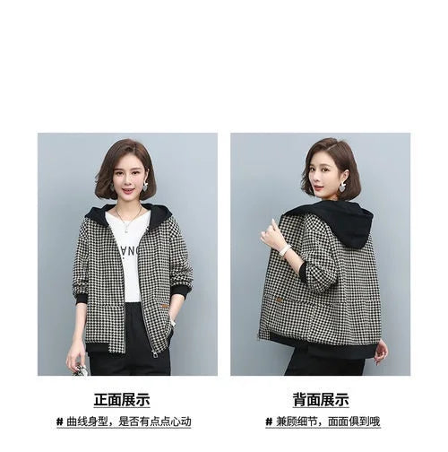 2024 Autumn Winter New Middle-aged and elderly Mothers Short Jacket Women's Patchwork Hooded Plaid Coat Casual Tops