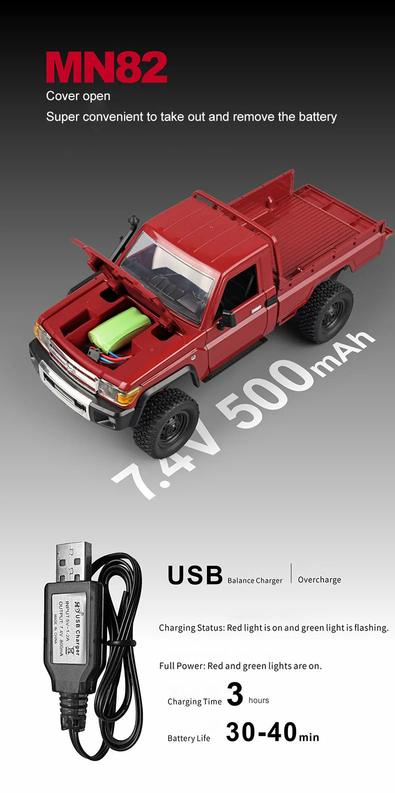 MN82 RC Crawler 1:12 Full Scale Pick Up Truck 2.4G 4WD Off-road Car Controllable Headlights Remote Control Vehicle Model Kid Toy
