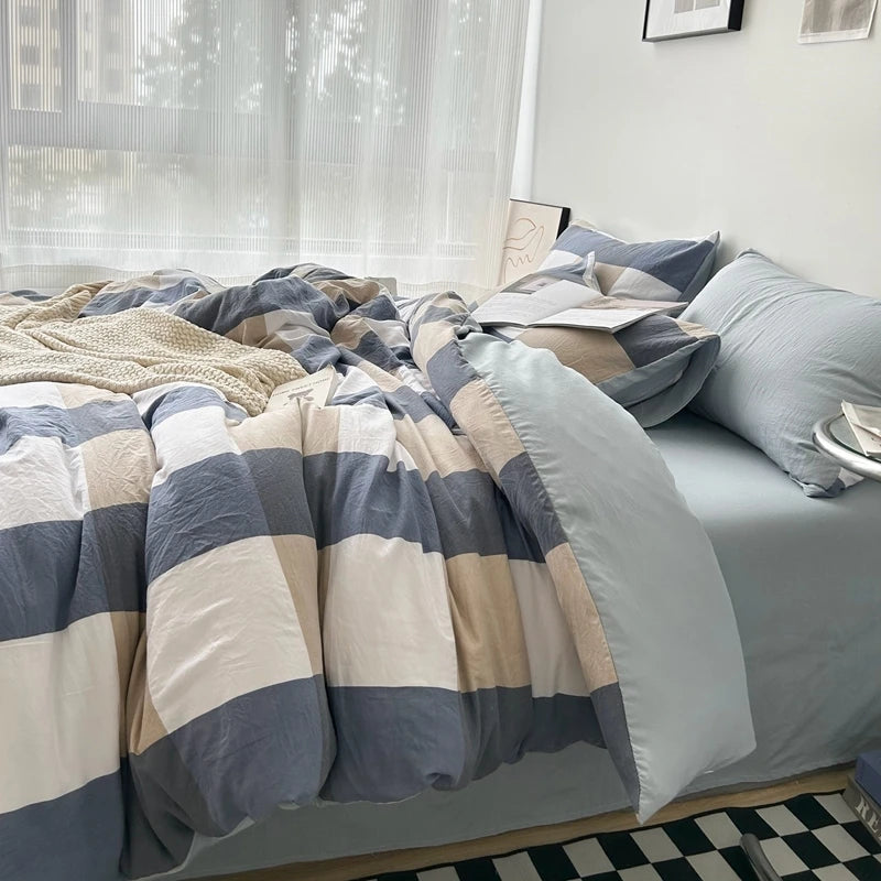 Bed Linen Washed Cotton Striped Grid Minimalist Bedding Sheet Set Comforter Sets Queen Duvet Cover Double For Boys And Girls