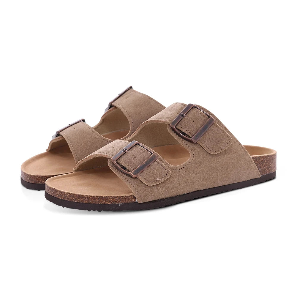 Kidmi Women Cork Suede Mules Slippers Outdoor Antiskid Beach Slippers Classic Cork Footbed Women Sandals With Adjustable Buckle