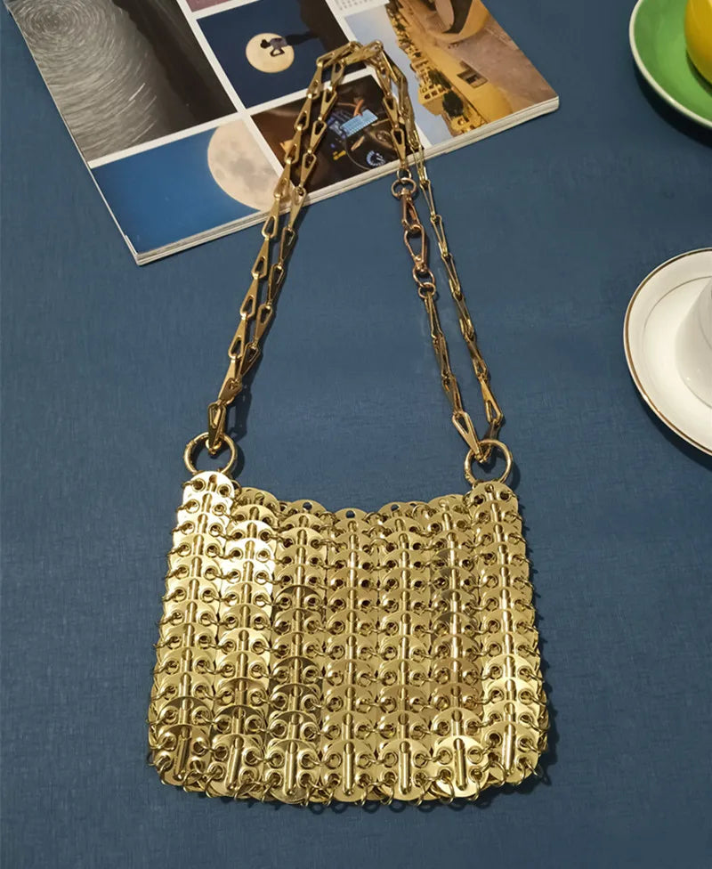 luxury Women Bags Designer Metal Sequins Chain Woven Bag Hollow Evening Bags Clutch Female Travel Holiday Shoulder Bag Handbag