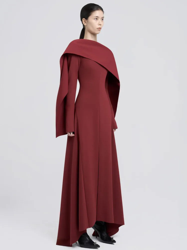 DEAT Elegant Dress Irregular Design Shawl Patchwork Long Sleeve Waist Backless Women's Evening Dresses 2024 Autumn New 13DL245