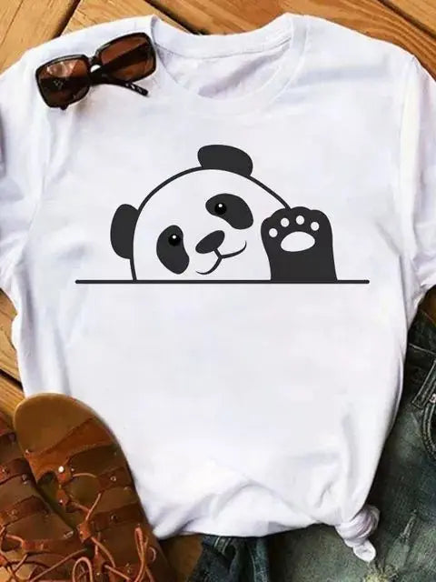 Maycaur Summer Women T Shirt Loose Tops Cute Panda Heart Print Short Sleeve Female Loose Casual T-shirt Ladies Top Teeadad