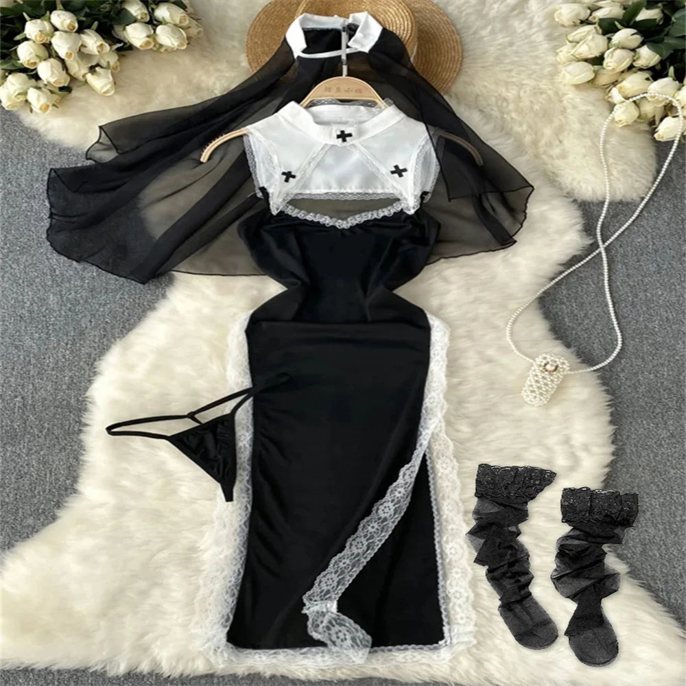 Girls Sexy Cute Japanese JK Uniform Mini Checkered Strap Skirt Off Shoulder High Waist Elastic Cosplay Dress Hot Sweet Pajama