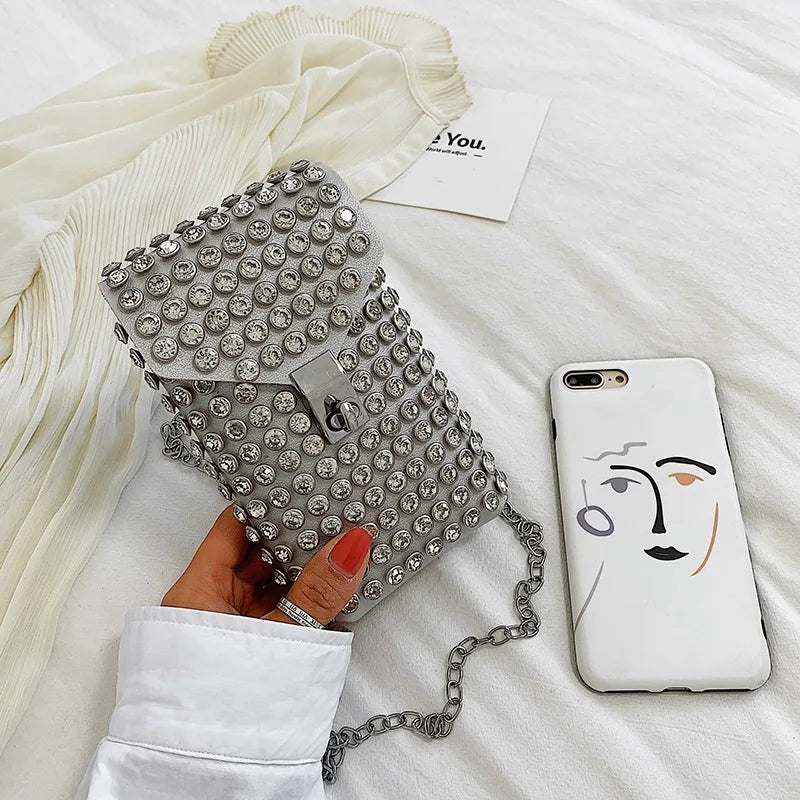 Luxury Full Rhinestone Women Phone Waist Bags Detachable PU Leather Waist Belt Shoe chain Crossbody Shoulder Bag Pack