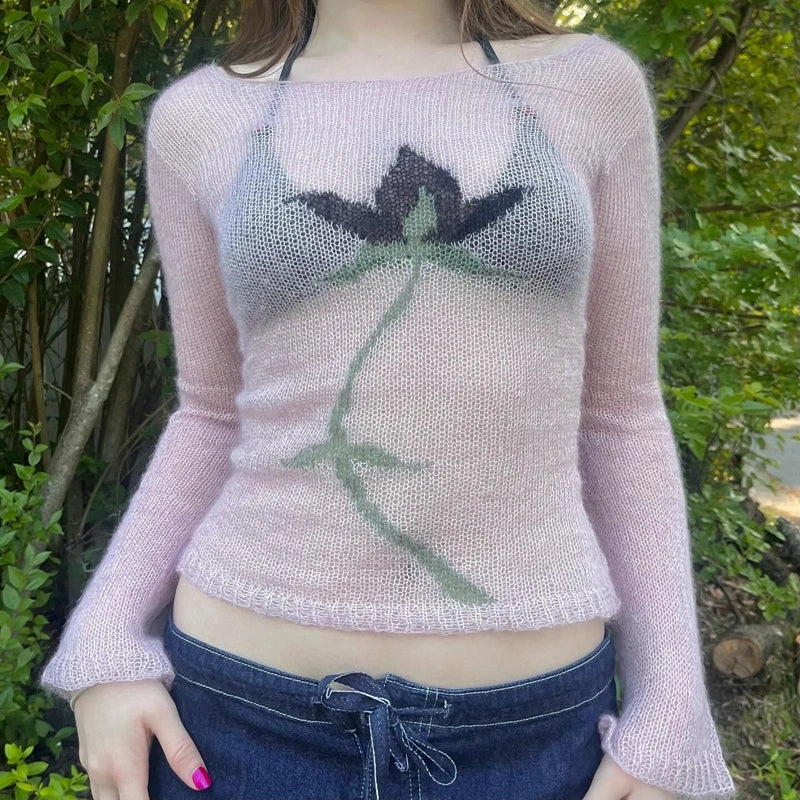Flower Long Sleeve Knitted Crop Tops Aesthetic See Through Sweater Tees 90s Vintage Y2k Gyaru Crop Tops Jumpers Cottage Clothes