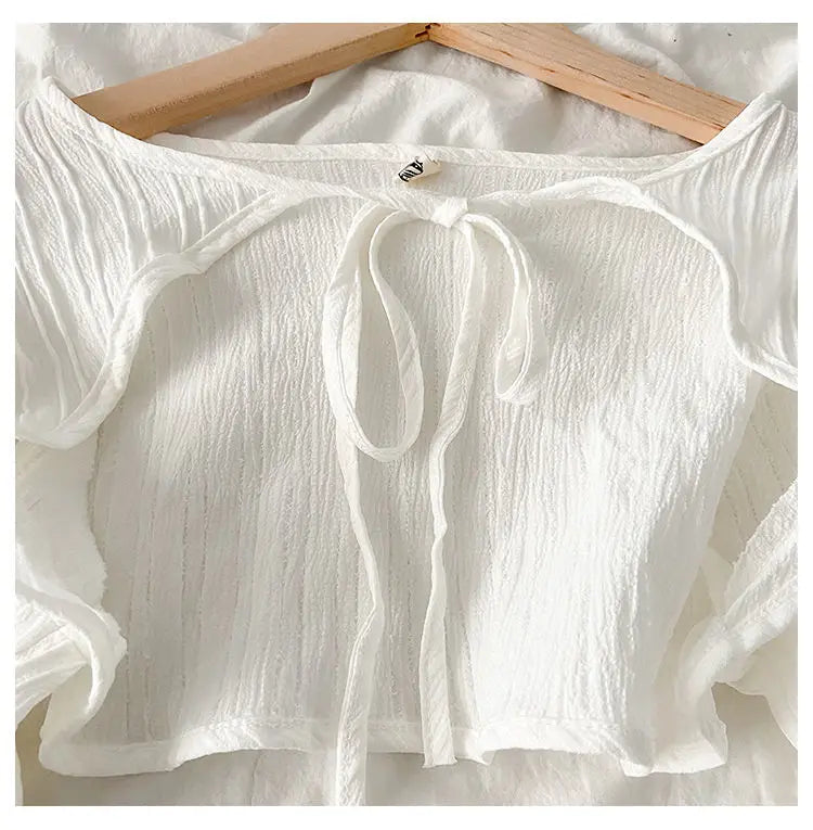 Summer Y2k Sun Protection Cardigan Women' Clothing Thin Crop Tops Bandage Long Sleeve Blouse Cape Femme Ruffles Korean Sweater