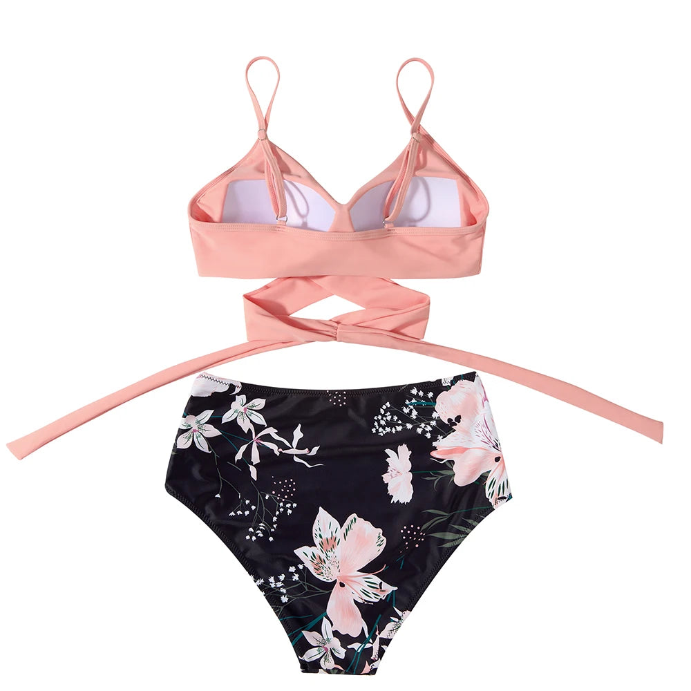 High Waist Sexy Bikini Set 2024 Biquini Swimwear Women Two Pieces Swimsuit Floral Beachwear V-Neck Bathing Suits Female