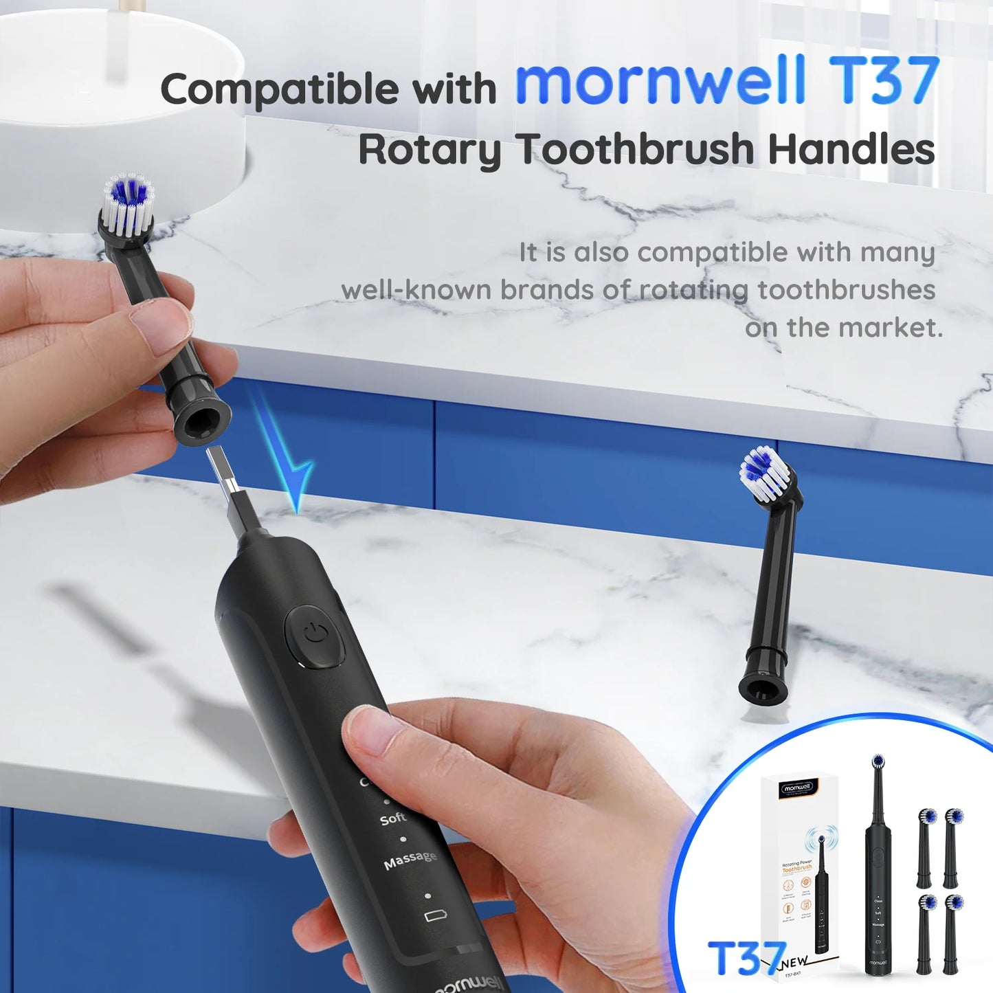 Mornwell T37 Electric Toothbrush Rotation Clean Teeth Adult Teeth Brush Electric Tooth Brush With 4 Extra Replacement Heads