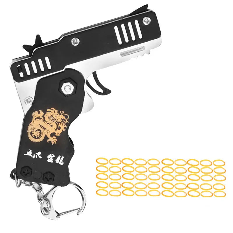 1PC MINI Toy Gun Keychain 50 Rubber Bands Folding Rubber Band Gun Shooting Pistol Alloy Key Charm Pendant Kid Outdoor Party Gift