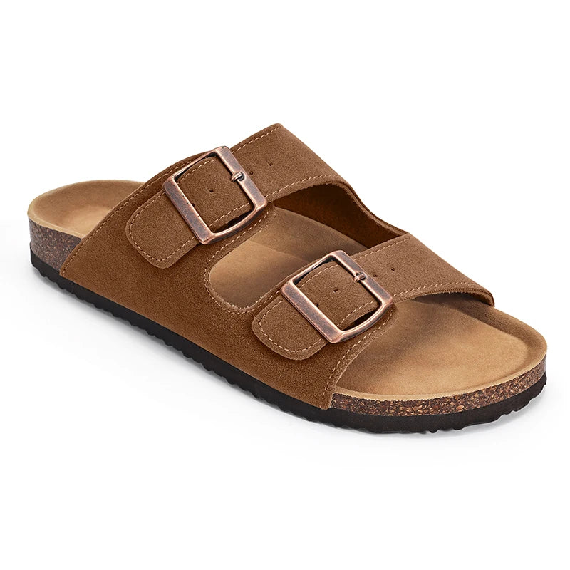 Kidmi Women Cork Suede Mules Slippers Outdoor Antiskid Beach Slippers Classic Cork Footbed Women Sandals With Adjustable Buckle