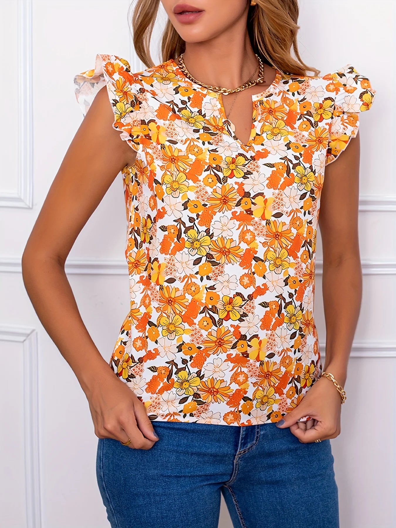 Romantic floral new shirt with cute floral print V-neck women's shirt