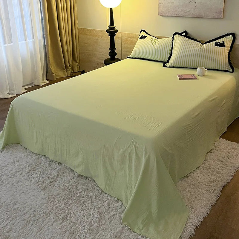 Korean Style Bedding Set Green Strip Black Cat Embroidery Washed Cotton Duvet Cover Cute Cardboard Bed linen Comforter Sets