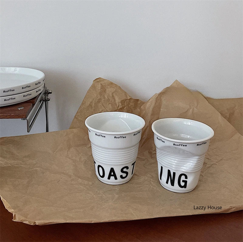 6.7oz korean style cups and mugs coffee mug white ceramic nordic wrinkle cup 200ml drinking coffe tumbler English Letter