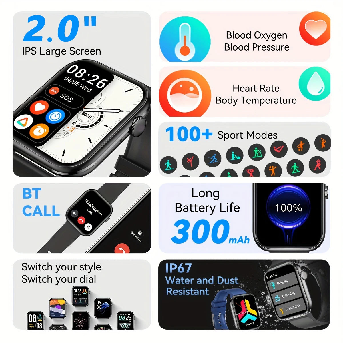 AI Voice Assistant Smart Watch, 2.0'' HD Screen Fitness Tracker with Temp Check/ Breathing Exercise/ Flashlight/ 100+Sports