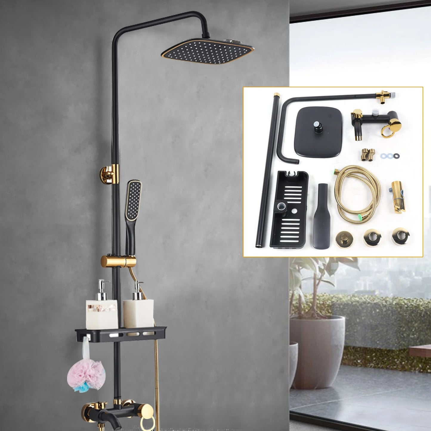 Black Shower Set Faucet Rainwater Manual System High-Quality Pure Lead-Free Copper Material With Good Water-Saving Performance