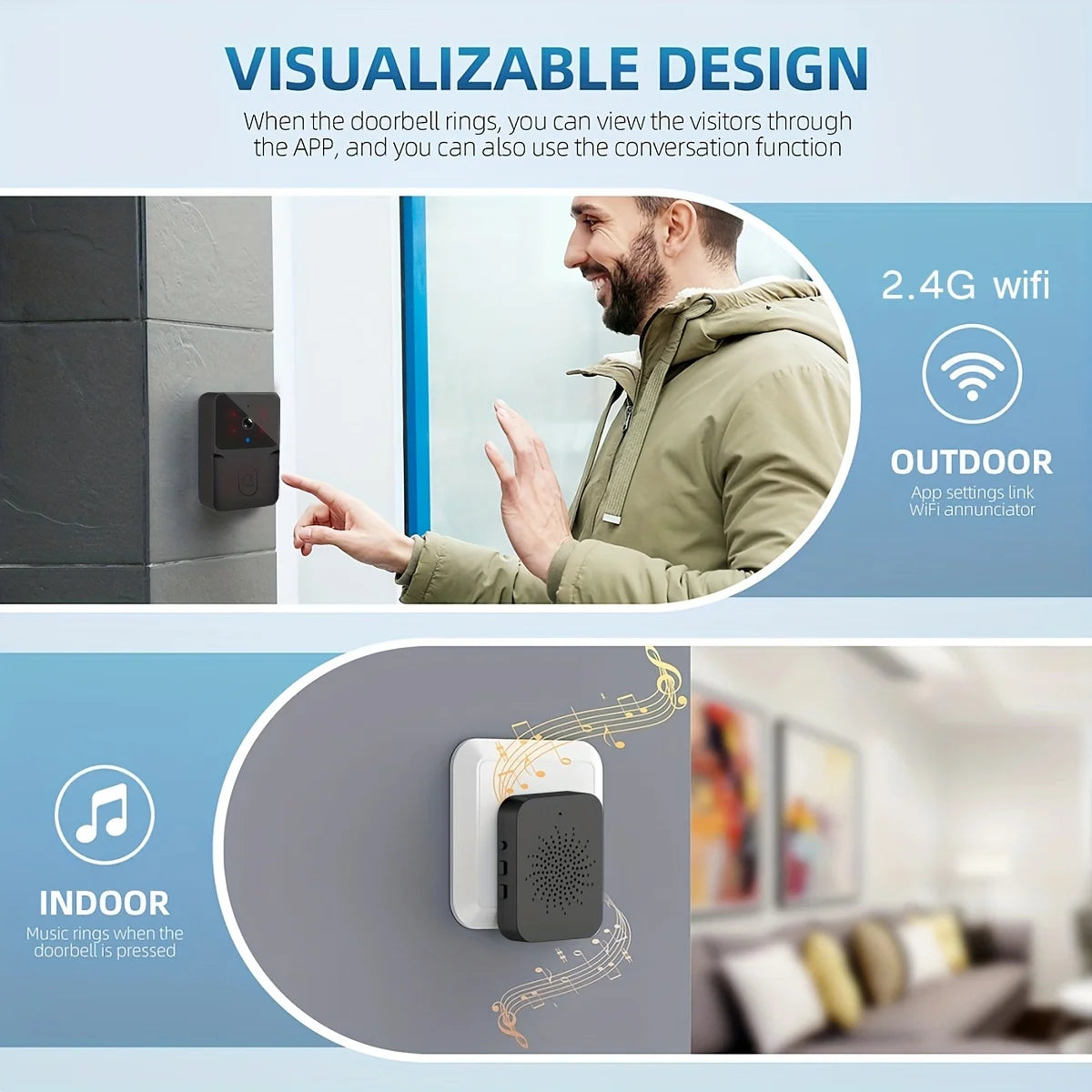 tuya Wireless smart video doorbell, 2.4G WiFi home security camera, 2-way audio, night vision, battery, secure home monitoring