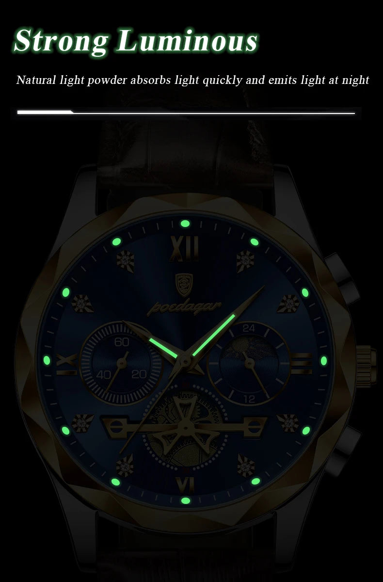 POEDAGAR Luxury Watch for Man Sports Leather Men Quartz Watch Waterproof Luminous Chronograph Men's Watches Male Clock Reloj+box