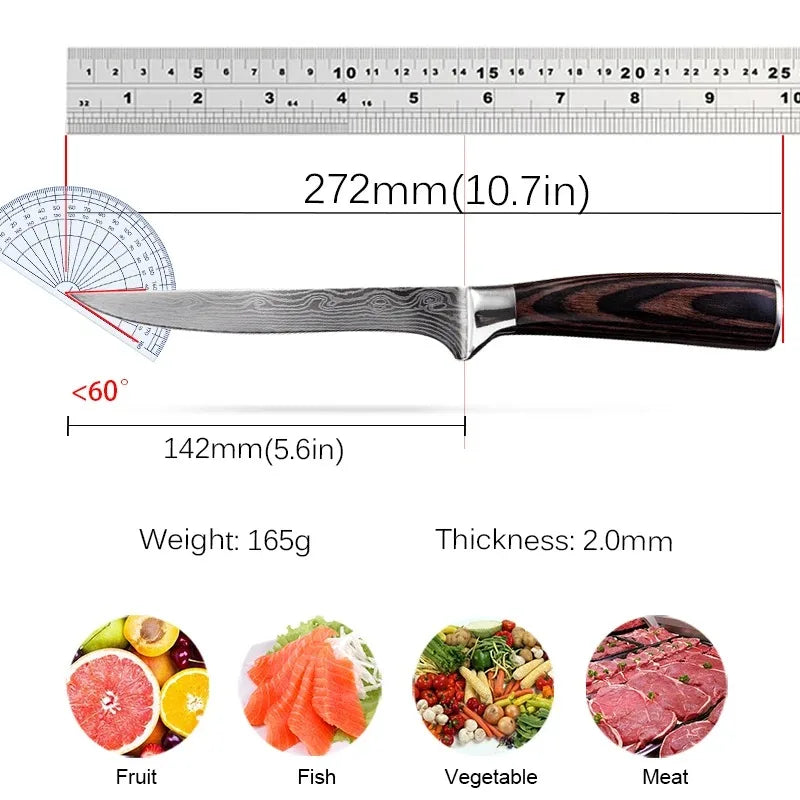 Professional Kitchen Boning Knife Damascus Laser Pattern Butcher Knife Stainless Steel Meat Fruit Vegetables Fish Chef Knife