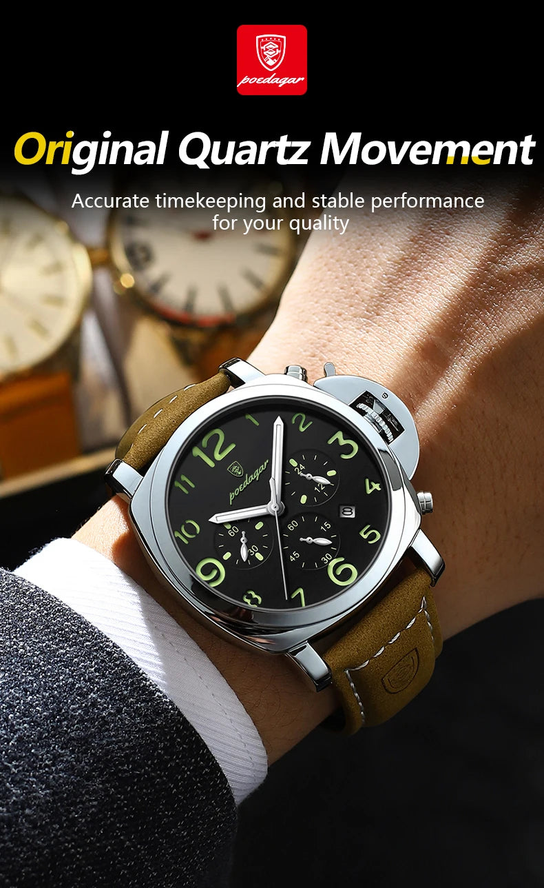 POEDAGAR Luxury Man Watch Chronograph Waterproof Luminous Date Watch for Men Casual Leather Sports Military Men's Quartz Watches