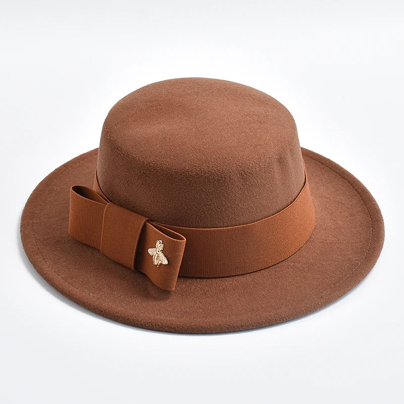 New Fedora Hat for Women Elegant Fashion Formal Wedding Decorate Church Cap Flat Top Bow Party Jazz Hat Chapeau Femme