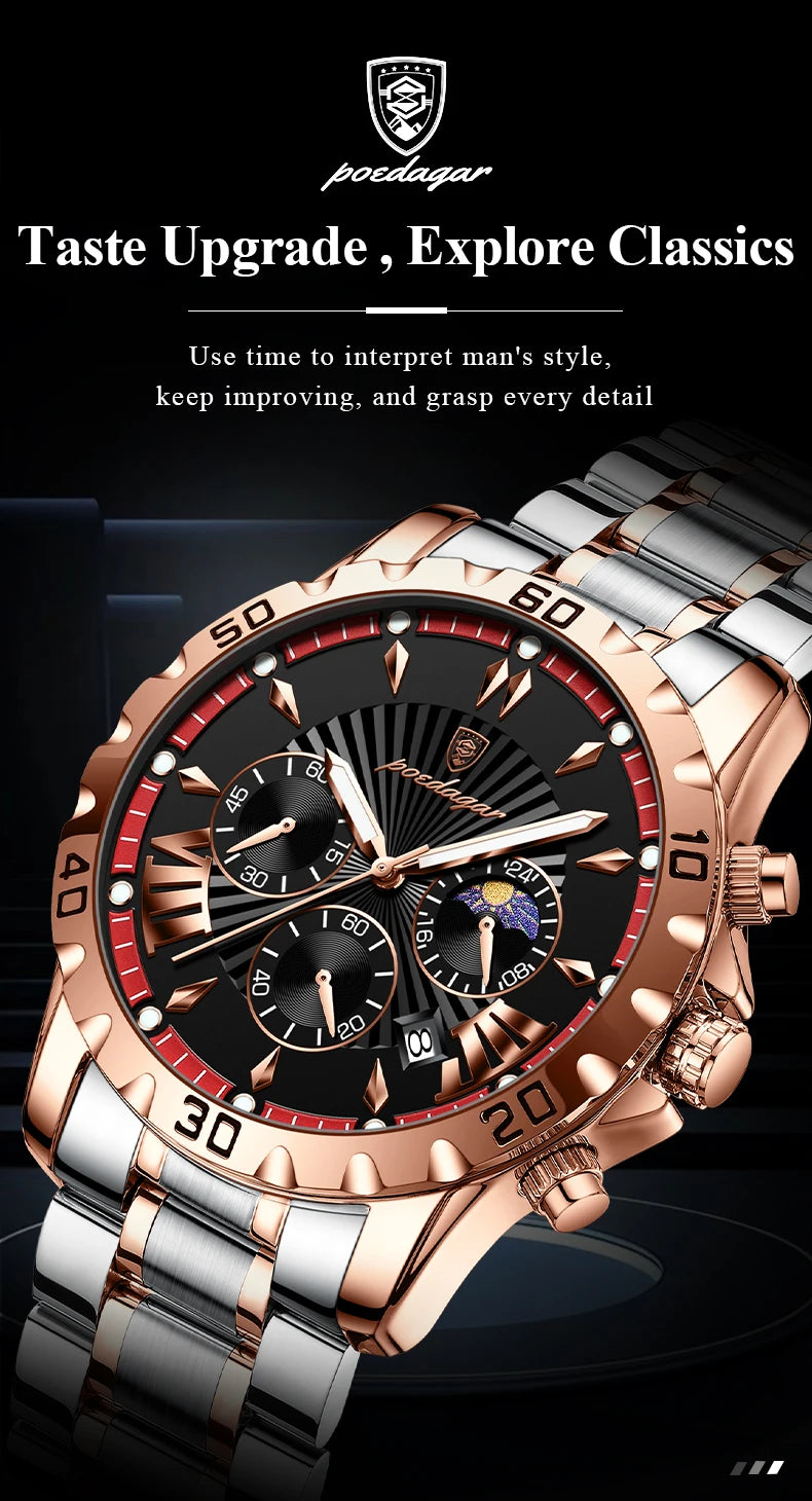 POEDAGAR Luxury High Quality Watch for Man Waterproof Luminous Chronograph Date Men Watch Stainless Steel Quartz Men's Watches