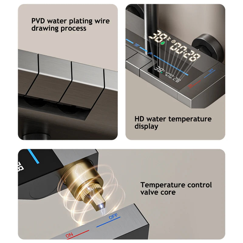 Bathroom Shower Full Set Gray Digital Display Shower System Set Piano Button With Ambient Light Faucets Shower Head