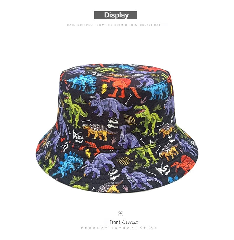 Bocca Cartoon Dinosaur Bucket Hat Children Boys Kids Fisherman Hats Pattern Double Sides Panama Cap Summer Outdoor Sunscreen Cap