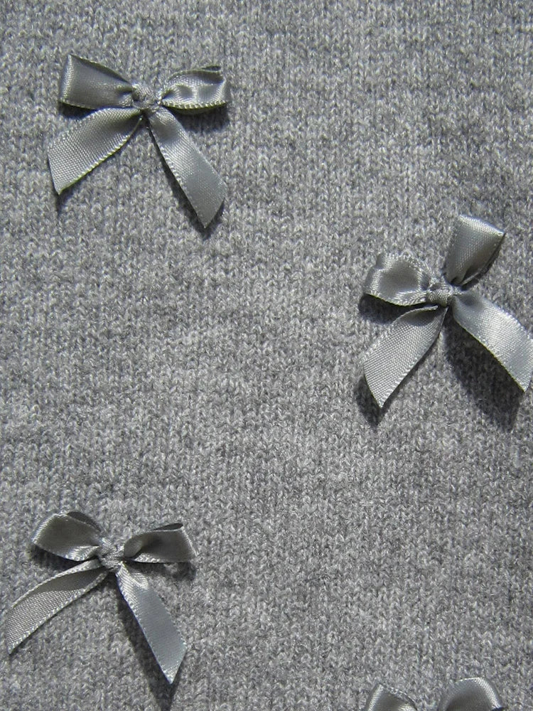 MSCSZ 2024 Autumn Grey Knitted Cardigan Sweater With Bows O-Neck Single Breasted Elegant Women Jackets Knit Cropped Coat